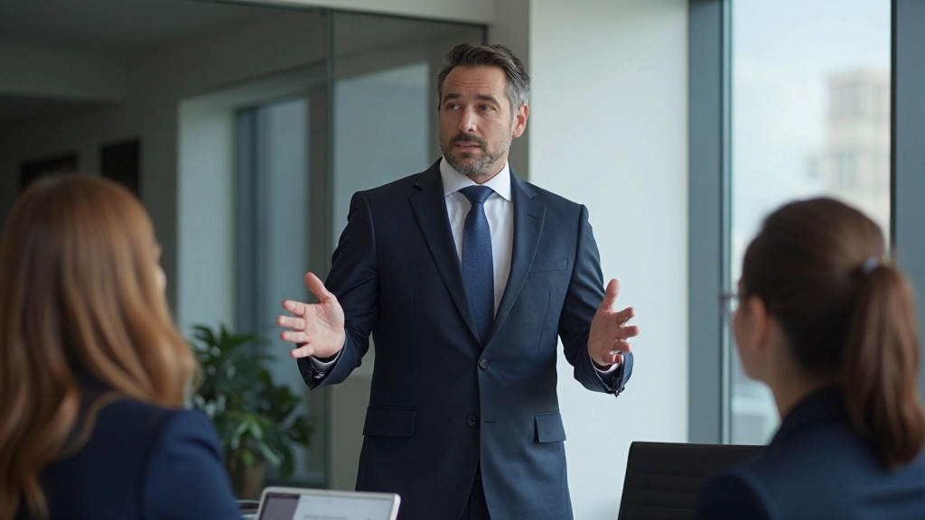 Självsäker ledare presenterar idéer till sitt team i en modern konferenssal, visar ledarskapsegenskaper och påverkansförmåga under ett möte