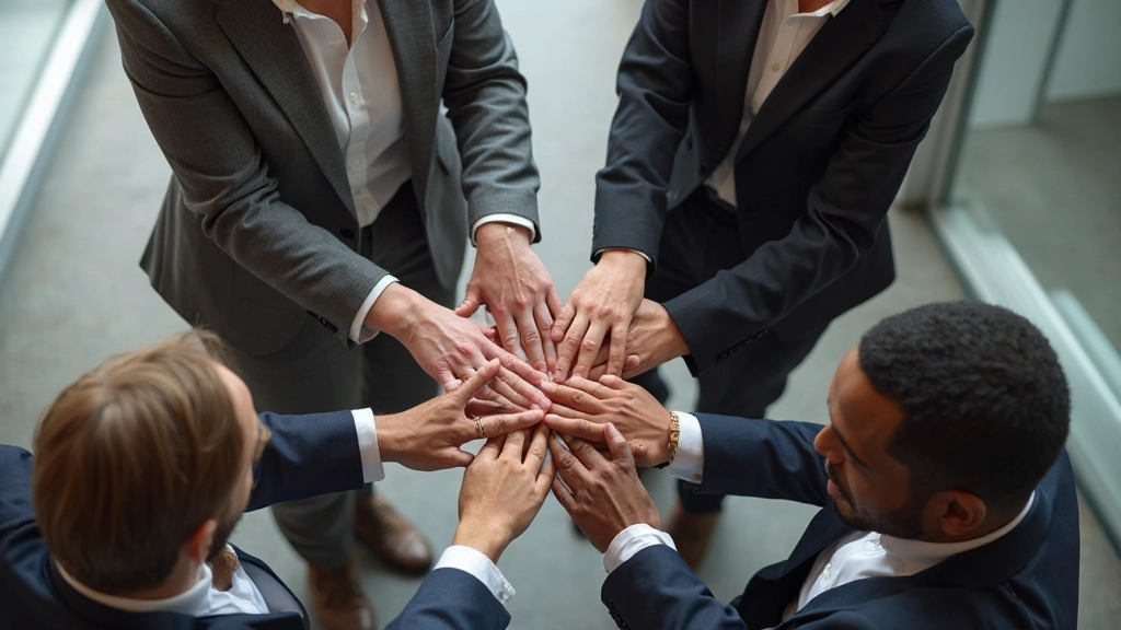 Professionell nätverk med människor som förbinder händer i cirkel som visar samarbete och samhörighet
