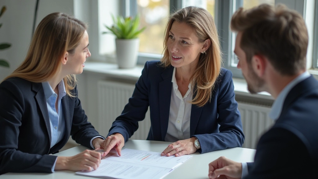 Erfaren kvinna i möte leder och instruerar två yngre kollegor vid konferensbord