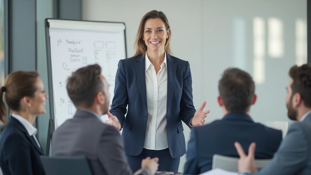 Självsäker ledare presenterar strategier för sitt team i modernt mötesrum med visual aids