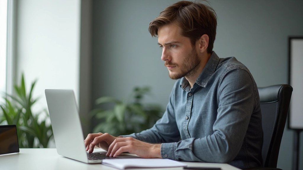 Person studerar vid modernt arbetsbord med bärbara datorn och anteckningsbok