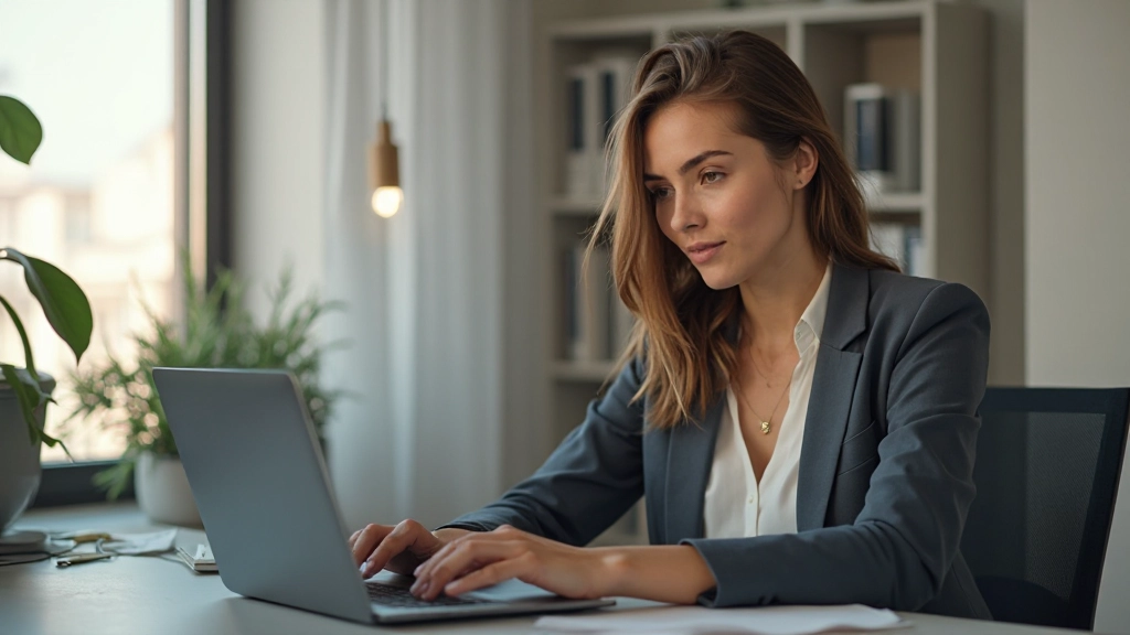 Person som fokuserat studerar ett avancerat onlinekurs innehål på datorskärm i ett modernt hemkontor med anteckningsbok, belyst av naturligt ljus