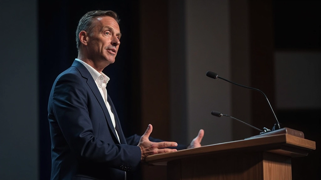 Professionell presentatör håller inspirerande tal inför publik i modernt konferensutrymme