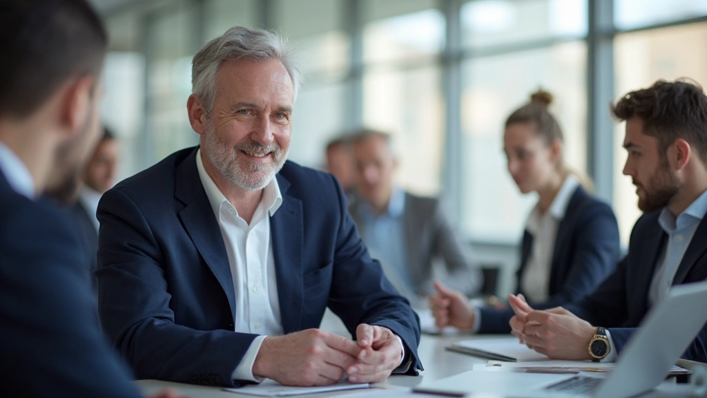 Professionell ledare i möte med sitt lag, diskuterar strategi vid konferensbord