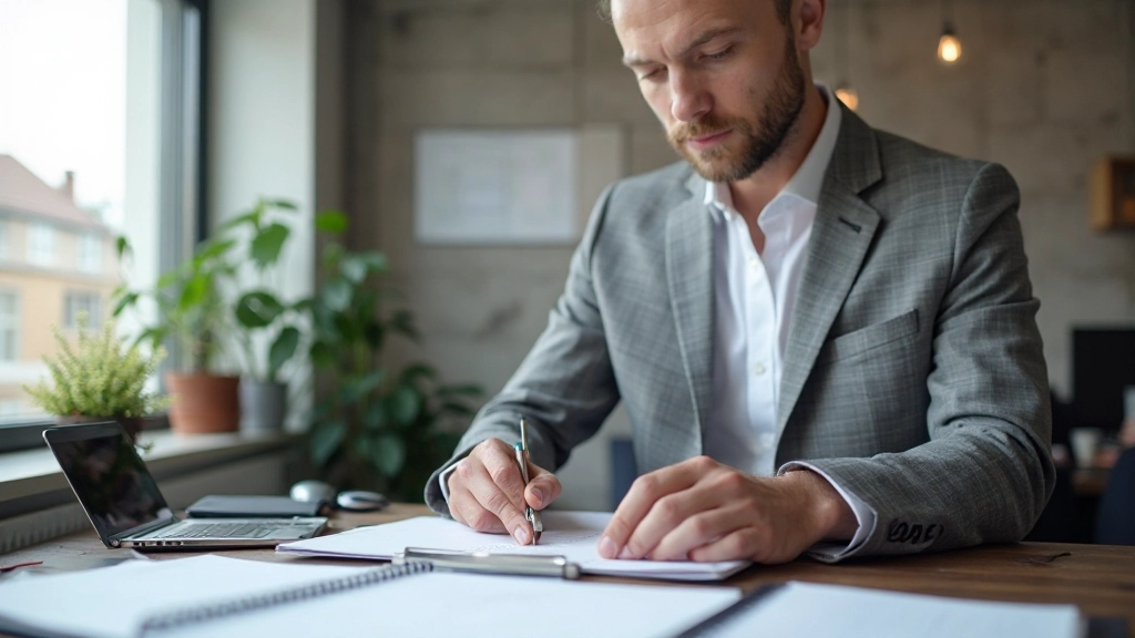 Professionell arbetsplats med planering och produktivitetsverktyg, dagbok och anteckningsblock på skrivbord