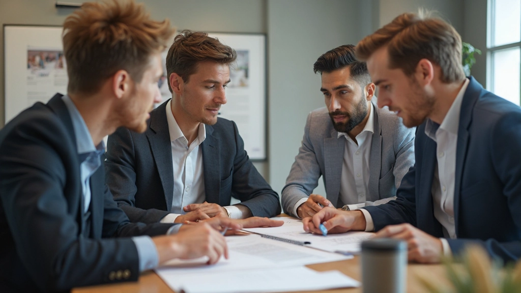 Grupp av professionella i ett möte diskuterar idéer vid ett bord med anteckningsblock och kaffe