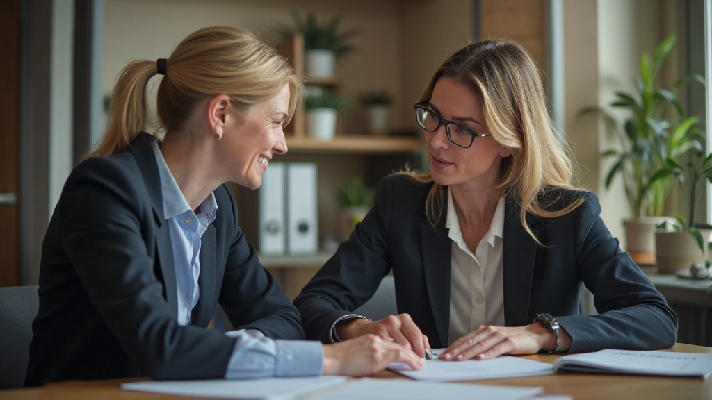 Två professionella kollegor diskuterar karriärvägar och utvecklingsplaner i modernt kontor