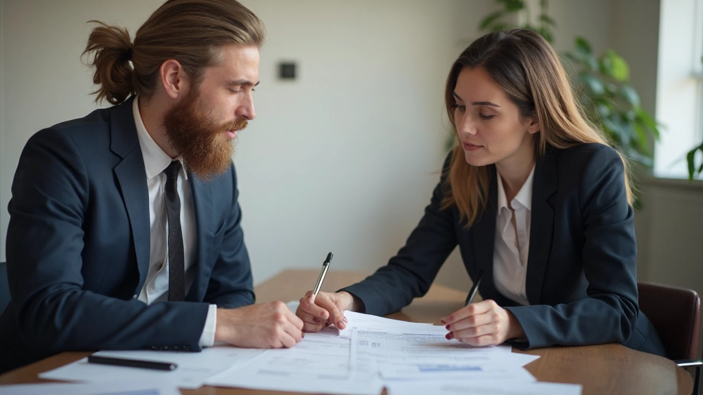 Två professionella personer har ett mentorsmöte i ett lugnt kontor, senior mentor ger råd till yngre kollega, fokus på kunskap delning och guidning