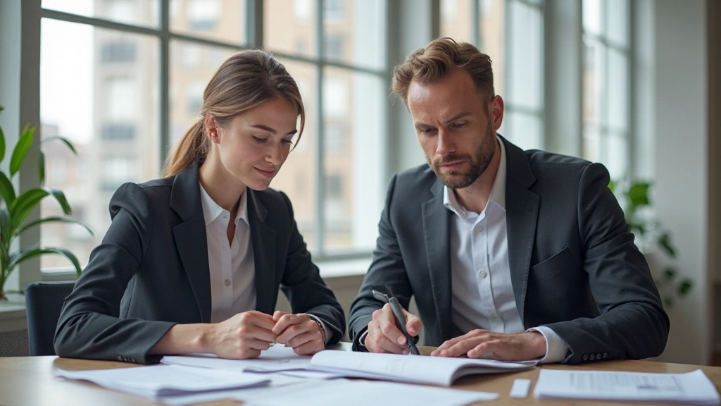 Två professionella personer diskuterar vid ett modernt kontorsskrivbord med laptop och anteckningar